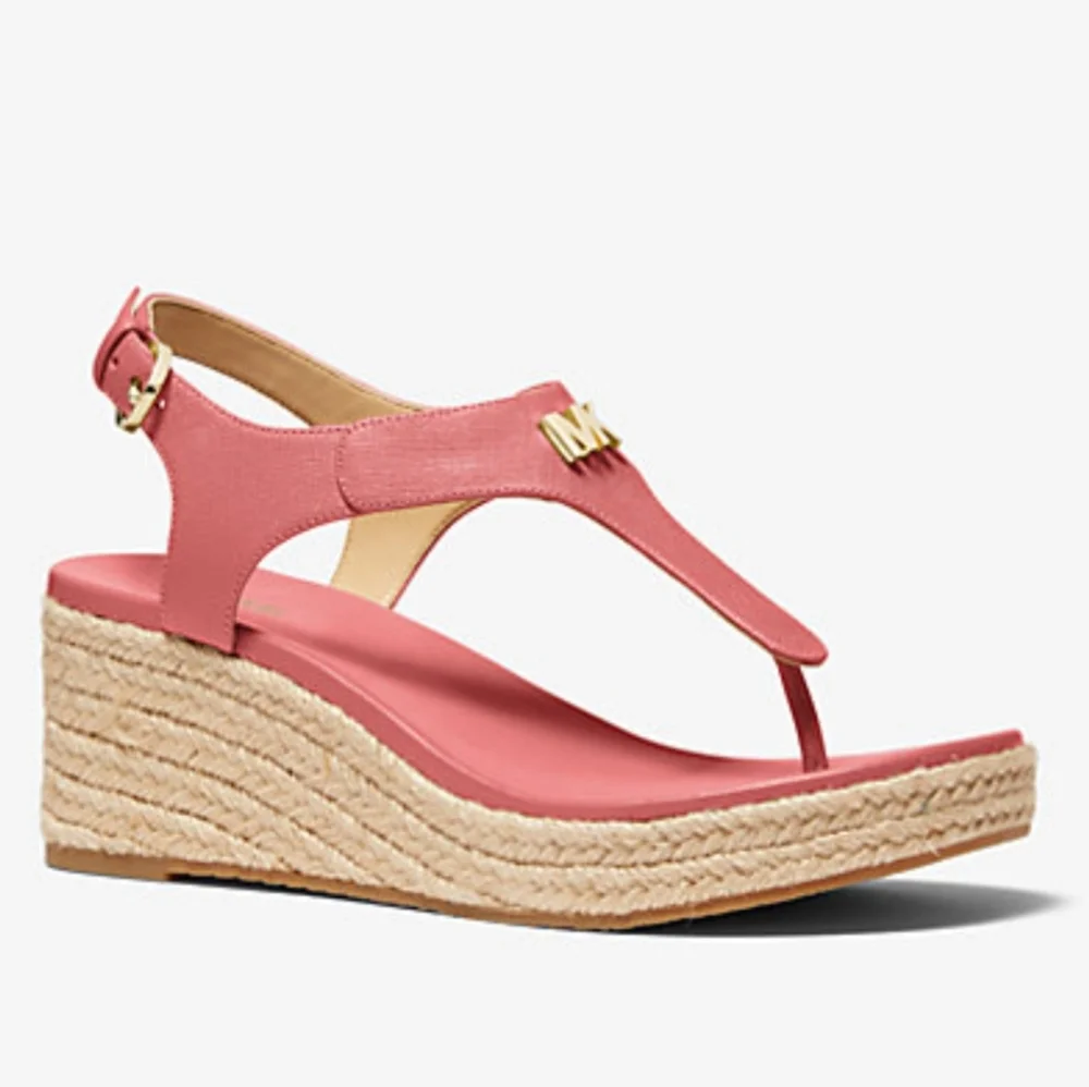 NWOT Michael Kors Laney Espadrille Pink Leather Wedge Sandals - Picture 1 of 11